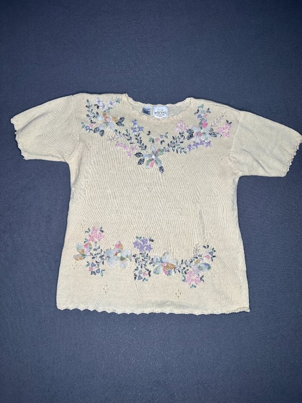 Vintage TR Bentley Womens M Yellow Cotton Floral Embroidered Sweater Cottagecore